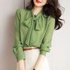 Camisa de Chiffon Nova 2024 para Mulheres, Camisa Verde de Bolinhas com Gola de Laço, Mangas Compridas, Cardigã de Abotoamento Simples, Blusa Fina