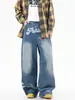 Calça Jeans Estampada Estilo Americano Acu para Homens, Primavera e Outono, Calça Larga Loose Lavada com Estampa Retro Americana