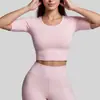 Juyitang Feminino Pêssego Retrô Manga Média Alta Elasticidade Respirável Esportes Fitness Corrida Colado Roupas de Yoga Camiseta