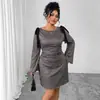 Vestido Longo Xadrez de Manga Longa com Decoração de Laço, Novo Estilo Europeu e Americano, Tamanho Grande Slim Fit, Mangas Flare, Gola Redonda, Venda no Aliexpress