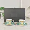 Taza de Café de Porcelana Fina Estilo Europeo con Fondo Verde y Diseño de Cabeza Humana, Adecuada para Uso en Casa, Té de la Tarde Británico, Cerámica Pintada en Oro, Juego de Caja de Regalo de Taza de Lujo Ligero