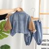 Traje para niños pequeños y medianos, traje de dos piezas de mezclilla con bolsillo de dos colores, suéter de cuello redondo para niños, pantalones, fabricantes al por mayor