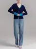 Tejido de Punto Azul con Cuello en V, Abertura y Mangas Largas para Mujer 2025 Primavera Puntadas de Color Contrastante Ajustado Estilo Coreano Ropa de Trabajo