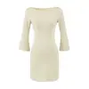Roupas femininas estilo europeu e americano, gola canoa francesa, alta elasticidade, cor macaron, mangas flare, mangas três quartos, acinturado, saia justa
