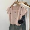 Suéter de Tricô Rosa com Gola Quadrada, Mangas Curtas, Estampa de Corações, Feminino, Verão, Super Bonito, Único, Lindo, Top Curto Pequeno