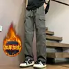 Calça Esportiva Masculina Tendência de Perna Reta para Caminhada ao Ar Livre, Calça de Trabalho Forrada com Fleece Masculina Retro Americana Outono e Inverno Transfronteiriça