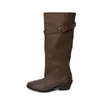 Botas de Caballero Lavadas para Mujer Botas de Plataforma Otoño Invierno Nuevas Punta Cuadrada Tacón Grueso Medio Botas Altas de Caña Larga para Mujer