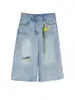 Jeans Cropped Anchos Desgastados de Color Claro Talla Plus para Mujer, Nuevo Estilo Verano, Cintura Alta, Corte Holgado, Adelgazantes, Versátiles, Shorts de Pierna Recta