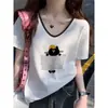 Camiseta de Algodón Puro de Manga Corta con Cuello en V Estilo Coreano Nuevo Verano 2026 para Mujer, Top Versátil Juvenil Estilo Casual Perezoso de Moda
