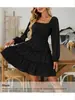 Nuevo vestido largo bohemio para mujer de estilo europeo y americano, con cuello cuadrado, cinturón en la cintura, bolsillos y volantes multicapa