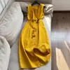 2026 Tencel Linho Elegante Cor Sólida Gola V Sem Mangas Vestido Longo Atacado N3Dq6128