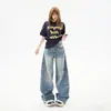 Jeans Americano Retro de Perna Larga para Mulheres 2025 Novo Cintura Alta Emagrecedor Caimento Fluido Comprimento Total Solto para Primavera e Outono