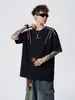 Camiseta Negra de Manga Corta de Marca de Moda Estilo Americano con Costuras Visibles, Corte Holgado para Mujer, Estilo Urbano de Verano, Camiseta Versátil Casual para Pareja