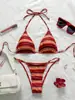 Maiô feminino de três peças, listrado multicolorido, biquíni triângulo popular com alças, biquíni sexy para férias na praia