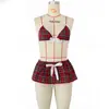Nueva Lencería Sexy Europea y Americana Comercio Exterior Uniforme Sexy Tentación Traje de Falda a Cuadros Rojo Envío Directo