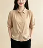 Camisa Feminina Manga Curta Bufante Gola Lapela Verão Nova Cintura Elástica Barra Franzida Emagrecedora Camisa Top de Temperamento
