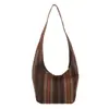 Bolsa de ombro em lona, bolsa de bolinho de grande capacidade, bolsa de compras versátil e simples, design de padrão listrado, estilo casual coreano