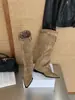 Botas Femininas Bico Fino Salto Anabela Estampa de Leopardo Perna Larga 2026 Outono/Inverno Novo Estilo Botas Western Cowboy Arredondadas