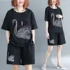 Conjunto bordado de verão plus size feminino, esportivo casual solto para meninas cheinhas, shorts, manga curta, conjunto esportivo de duas peças