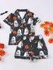 Conjunto de Pijama Infantil Estilo Europeu para Halloween Gola Lapela Manga Curta Shorts Estampa de Fantasma Tecido Retardante de Chamas Atacado