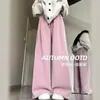 Calça de Veludo Cotelê Rosa Wide Leg para Mulheres Outono e Inverno 2025 Nova Cintura Alta Slim Casual Esportiva Forrada com Fleece Reta