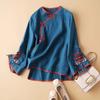 Ropa de Mujer Primavera y Otoño Nuevo Estilo Chino Tendencia Nacional Camisa de Mujer con Botonadura Diagonal y Cierre de Botones, Bordado Artístico, Blusa de Mujer de Corte Holgado