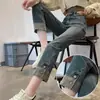 Jeans Vintage Tubo de Fumaça Feminino Inverno Forrado com Fleece 2024 Novo Cintura Alta Pequeno Nove Pontos Stretch Reto Calças Tendência