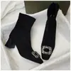 Botines Coreanos de Moda con Puntera Cuadrada y Pedrería, Estilo Nuevo, Versátiles 2026, Botas Adelgazantes, Tacón Grueso, Tacón Alto, Botines para Mujer, Pequeños, Hebilla