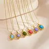 Collar Retro de Acero Inoxidable de Alta Gama Europeo, Simple, Piedra Natural de Color, Colgante Oval Pequeño, Cadena Geométrica para Clavícula