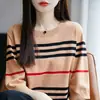 Camiseta Listrada Color Block Retrô Francesa de Malha 100% Algodão Puro Manga Curta Feminina Fina Meia Manga Base Top