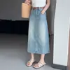 Saia Midi Jeans Simples Reta de Cintura Alta Feminina Emagrecedora Versátil Saia Jeans Midi em Linha A