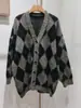 Suéter de Punto Jacquard a Bloques de Color Cuadrícula Otoño e Invierno Estilo Nuevo Cárdigan para Mujer Abrigo de Cuello en V Holgado Estilo Retro Artístico