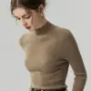 Suéter de punto base para mujer, de primera línea, listo para usar, sin costuras, 100% cachemira pura, cuello semi-alto, acanalado, corte ajustado, adelgazante