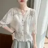 Blusa de ganchillo hueca estilo francés con cuello en V y mangas abullonadas para mujer, diseño único, top cárdigan de nicho, camiseta holgada y transpirable de manga corta