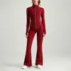 Conjunto de yoga de doble cara cepillado estilo Lulu para mujer, chaqueta con cremallera dorada, conjunto de pantalones de tiro alto que levantan los glúteos y microacampanados