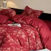 Novo Estilo Chinês Todo Algodão Tingido em Fio Jacquard Algodão Puro Camada Dupla Gaze Conjunto de Quatro Peças para Casamento Toque de Luxo Vermelho Grande Dote de Casamento