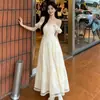 Vestido de primeiro amor estilo francês para mulheres, estilo suave de verão, com design de laço, acabamento em renda, cintura ajustada e mangas bufantes