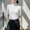 Camiseta Básica Cuello Medio para Mujer Top de Manga Media Manga Corta Nuevo Estilo Otoño Temprano Estilo Occidental Ajustado Camiseta Interior de Punto Negra