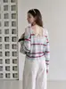 Suéter de Tricô Listrado Vazado em Cores Contrastantes Estilo Coreano para Mulheres, Top Casual Preguiçoso Solto para Início do Outono com Manga Longa
