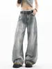 Jeans de Pierna Curva con Textura de Bambú Lavado High Street Americano para Hombres y Mujeres Tendencia Otoñal Silueta Holgada Retro Desgastada Pantalones Casuales