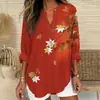 Camiseta vintage com estampa floral 3D digital transfronteiriça para mulheres, gola V, manga longa, atacado