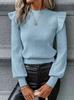 Blusa de Tricô Elegante Feminina com Mangas Bufantes Caneladas Cor Sólida Gola Redonda Pequena Comércio Exterior Europeu e Americano Outono Inverno Casual Versátil