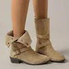 Botas de Moda Urbana Diaria para Mujer con Cordones Adelgazantes Otoño/Invierno Hebilla Metálica Botas de Media Caña Estilo Western para Mujer Tacón Grueso Retro
