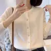 Cardigan Tricotado de Cor Pura Estilo Coreano com Botão Pequeno Dourado e Gola Redonda para Mulheres 2024 Novo Design de Início de Outono Tendência de Nicho