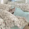 Juego de ropa de cama de cuatro piezas estilo princesa, de gasa de doble capa, ultrasuave, grado A, con ribete de encaje, adecuado para dormitorios; también disponible como juego de tres piezas que incluye sábana bajera, funda de edredón y sábana encimera