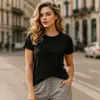 2025 Ombro Direito Gola Redonda 100% Algodão Manga Curta Camiseta Feminina Cintura Emagrecedora Visual Verão Top Design Estampa