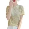 Camiseta de Manga Corta Elástica, Suave, Amigable con la Piel, Arrugada para Mujer, Textura Plisada de Tencel, Top de Punto Fino Versátil, Nuevo para Verano