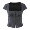 Camisa de rayas grises de moda europea y americana para mujer, nuevo diseño de verano para chica atractiva, top corto ajustado con cremallera y cuello cuadrado grande en la cintura