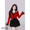 Vestido de Renda Francês Puro com Decote Halter Tamanho Plus Size para Mulheres no Outono e Inverno Levemente Gordinhas Conjunto de Duas Peças com Cardigã Doce de Manga Longa