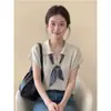 Malha de Manga Curta com Gola Polo Cor de Aveia Simples para Mulheres, Verão Soltinha, Fashion, Top Camiseta de Alta Qualidade